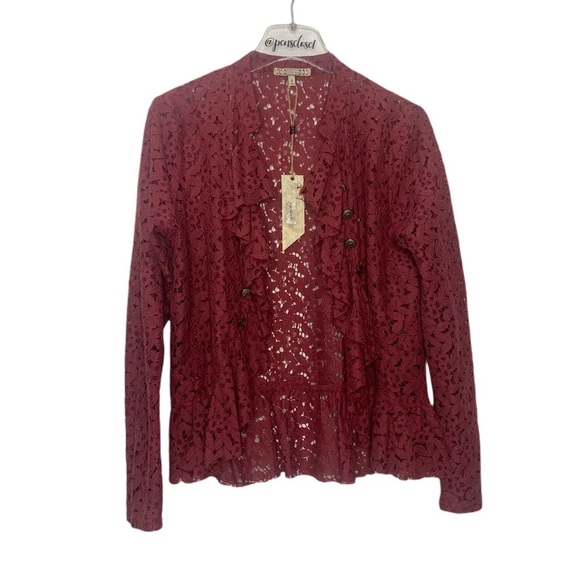 New Gimmiks The Buckle Burgundy Lace Boho Open Ruffled Front Jacket Size Small - Picture 3 of 14